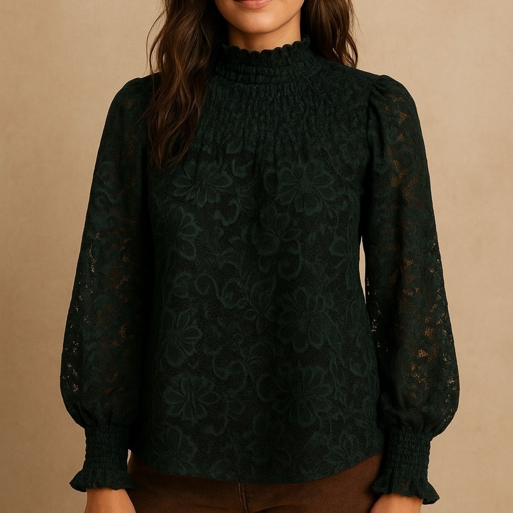 Cable and Gauge Dark Green Floral Lace Long Sleeve Mock Neck Blouse NWT
